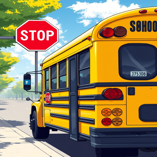 Create an illustration of a yellow school bus with a stop sign, using a high-resolution digital art style, viewed from the side, with a focus on vibrant colors and clear details, simulating a 35mm camera with a f/8 aperture for depth of field and 1/250 sec shutter speed for sharpness.
