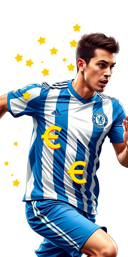 Create a vibrant illustration of a soccer player in motion, wearing a blue and white striped jersey, with dynamic trails of golden euro symbols following him, set against a white background, captured with a DSLR camera at f/2.8, 1/500s, ISO 100, using a wide-angle lens and a low perspective to enhance depth and detail.