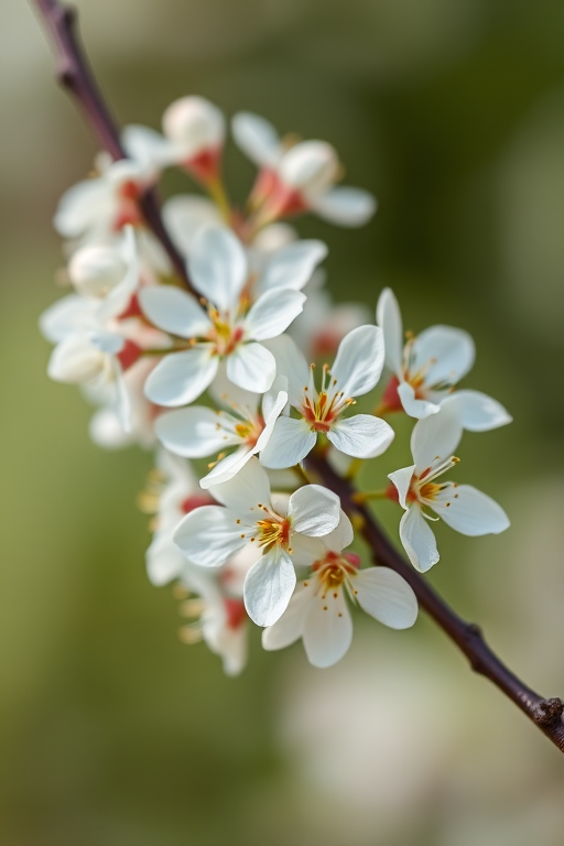 Close-up shot of blooming white flowers on a branch with soft green background using a DSLR camera, 50mm lens, aperture f/2.8, ISO 100, natural light, shallow depth of field.