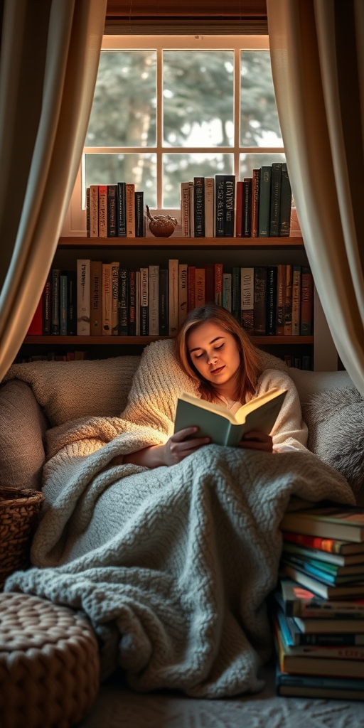 Cozy reading nook in a home, with a woman curled up with a blanket and a novel, soft light illuminating her cozy space filled with books.