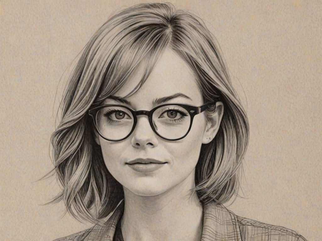 Attractive Emma Stone, pencil sketch, portrait of Superb woman 1971s in glasses, hair style beatnik, outline, clear lines, fine lines, 8k