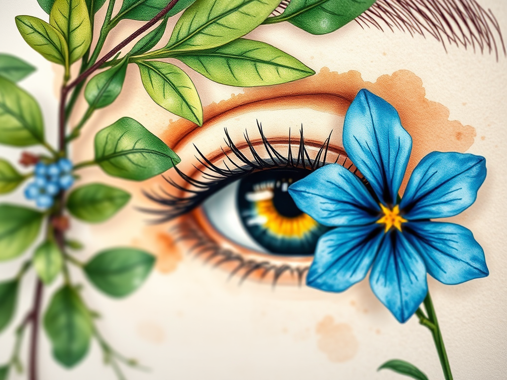 Regenerate a detailed watercolor illustration of an eye adorned with green foliage and a blue flower, using a Canon EOS R5 camera, 50mm lens, f/1.8 aperture, ISO 100, with soft natural lighting and a shallow depth of field to enhance image quality.