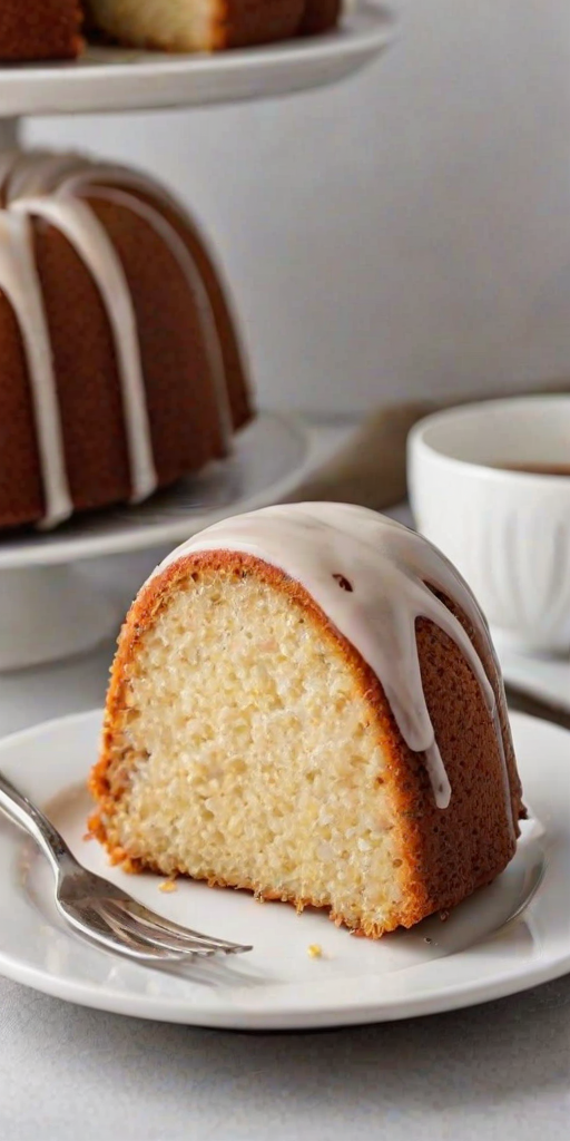 Create an image of a freshly baked bundt cake with a smooth glaze, displayed on a white plate. Include a slice of the cake on a separate small plate with a fork beside it. The background should be simple and neutral to highlight the cake's texture and design.