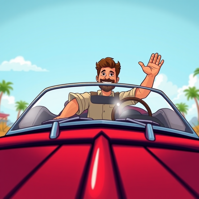 Create a vibrant cartoon illustration of a man in a convertible car waving, using a DSLR camera with an aperture of f/2.8, ISO 100, and a shutter speed of 1/500 sec, captured from a low angle to enhance perspective and color saturation.