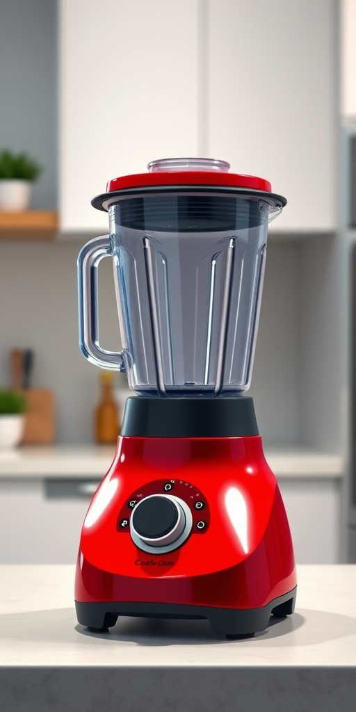 Create a high-resolution digital illustration of a modern blender with a glossy red finish, positioned on a clean kitchen countertop, using a Canon EOS R5 camera with a 50mm lens, at f/1.8 aperture, 1/125 sec shutter speed, and ISO 100, focusing on vibrant colors and sharp details.