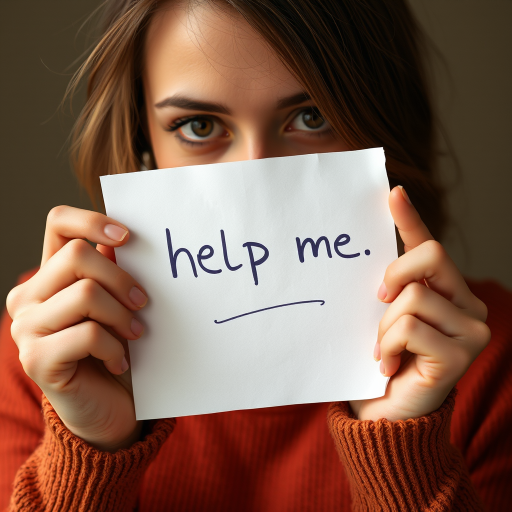 woman holding a note which says "help me"