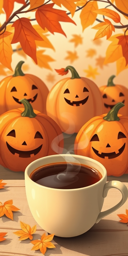 Create a whimsical illustration of smiling pumpkins surrounded by autumn leaves, with a steaming cup of coffee in the foreground, captured in warm tones and soft focus, using a DSLR camera, aperture f/2.8, ISO 100, 50mm lens, natural lighting.