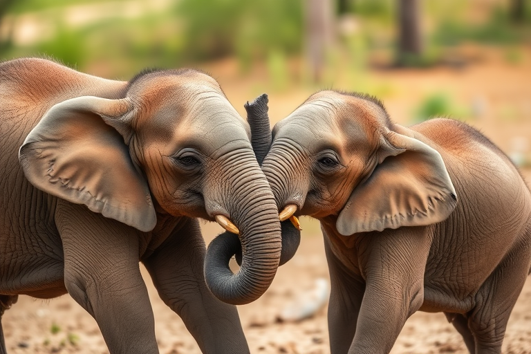 two baby elephants playfully interacting in a natural habitat, soft focus background, 50mm lens, f/2.8 aperture, ISO 200, shallow depth of field, DSLR camera