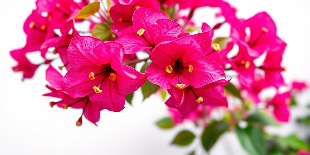 Close-up shot of vibrant pink bougainvillea flowers against a soft white background, using a DSLR camera at f/2.8 aperture, ISO 100, shutter speed 1/250 sec, captured from a high angle view, with a bokeh effect to enhance image quality.