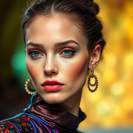 Runway capture, a beautiful model, vibrant colors, metallic textures, high fashion editorial , a 100mm macro lens to get extreme close-ups of intricate details like fabric stitching, accessories, or makeup artistry