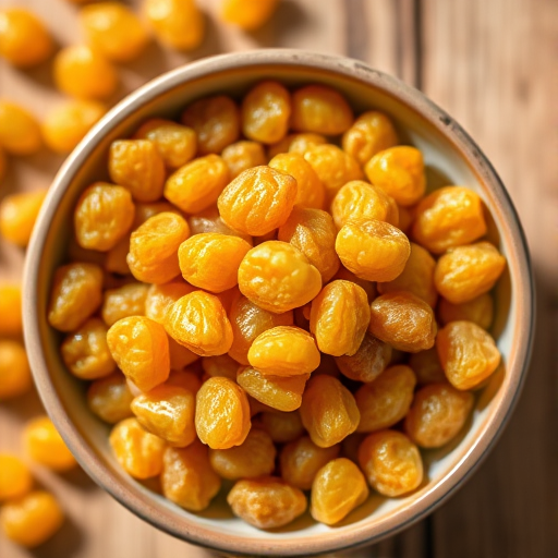 Create an image of a bowl filled with golden raisins, overhead view, natural lighting, aperture f/4, ISO 100, 50mm lens, shallow depth of field to enhance details and colors.