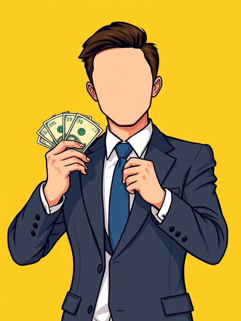 Create an illustration of a faceless business person in a suit holding cash, set against a bright yellow background, with a focus on vibrant colors and clean lines, using a Canon EOS R5 with a 50mm lens, f/1.8 aperture, soft lighting, and a shallow depth of field.