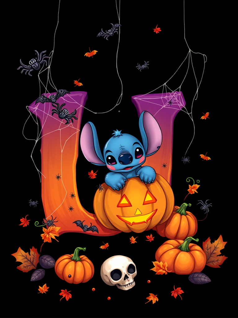 A whimsical and vibrant Halloween-themed digital illustration featuring the letter "U" adorned with spider webs, small bats, and cute spiders. At the base of the letter, a playful alien character similar to Stitch is peeking out from inside a carved pumpkin with glowing eyes, surrounded by additional pumpkins, a small skull, and autumn leaves. The letter is gradient-colored from orange to purple, adding a magical atmosphere to the scene, black background