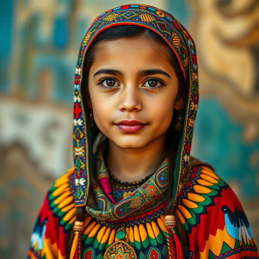 A beautiful Coptic girl, wearing colorful bird clothing with vibrant colors