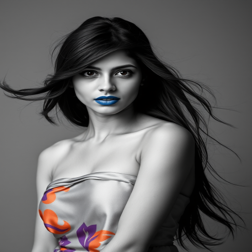 Photographic image of a beautiful young Pakistani woman, brown eyes, lips with blue lipstick, long hair fluttering in the wind and wearing a silk strapless dress with a soft purple and orange print. monochrome image with only color highlights in the iris of the eyes, lipstick and dress. Gray background.