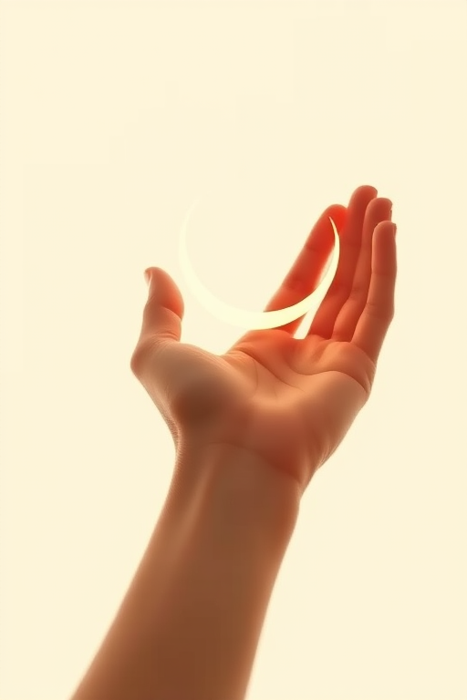 A minimalist illustration of a hand gently cradling a crescent moon, with soft, warm tones, shallow depth of field, shot at f/2.8, 50mm lens, natural light, high-quality digital rendering.
