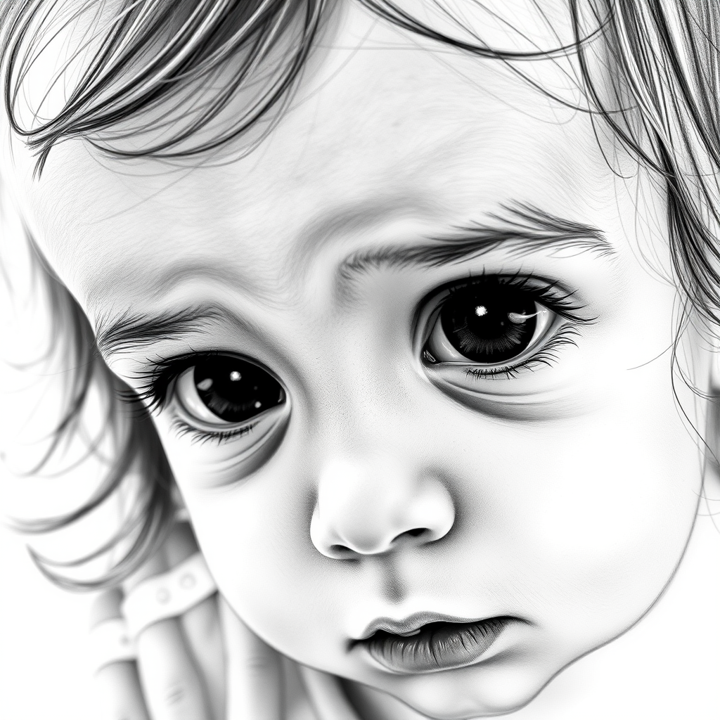 A hyperdetailed photorealistic black and white sketch of a beautiful toddler with deep black eyes, with a macro focus