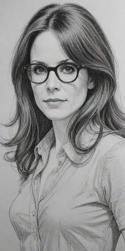 Elegant Mary-Louise Parker, pencil sketch, portrait of Beauteous woman 1967s in glasses, hair style beatnik, outline, clear lines, fine lines, 8k