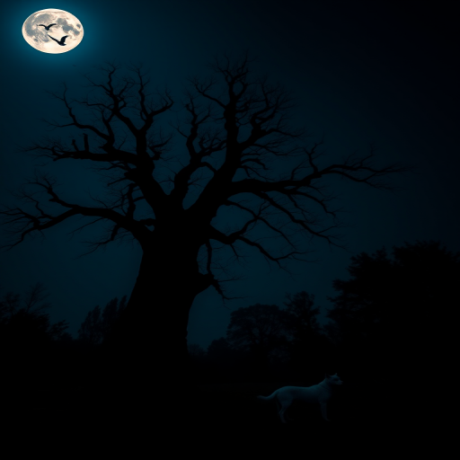 A silhouetted dog standing beside a large tree under a full moon with flying birds in the night sky, shot with a Canon EOS R, 50mm lens, f/1.8 aperture, ISO 200, 1/60 sec shutter speed, wide-angle view, low light style.