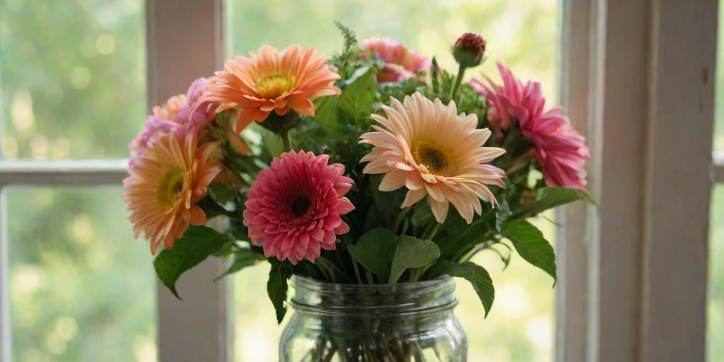 Close-up of a colorful bouquet of flowers in a mason jar, soft light streaming in from a nearby window, highlighting the vibrant petals and lush greenery.