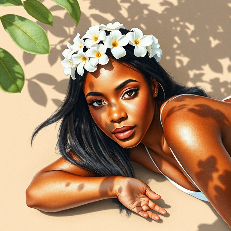 create a watercolor painting of an ethereal portrait of beautiful Garifuna woman with a simple white flower crown on her head. Her hair is long and she is lying on the ground. The sunlight on the trees casts shadows from the leaves on her face and body. The background is a neutral brown color that matches her skin tone. The image is minimalist and solid colors. This style is characterized by soft, delicate brushstrokes and a light, airy, contrasting color palette. High level of detail and play of light