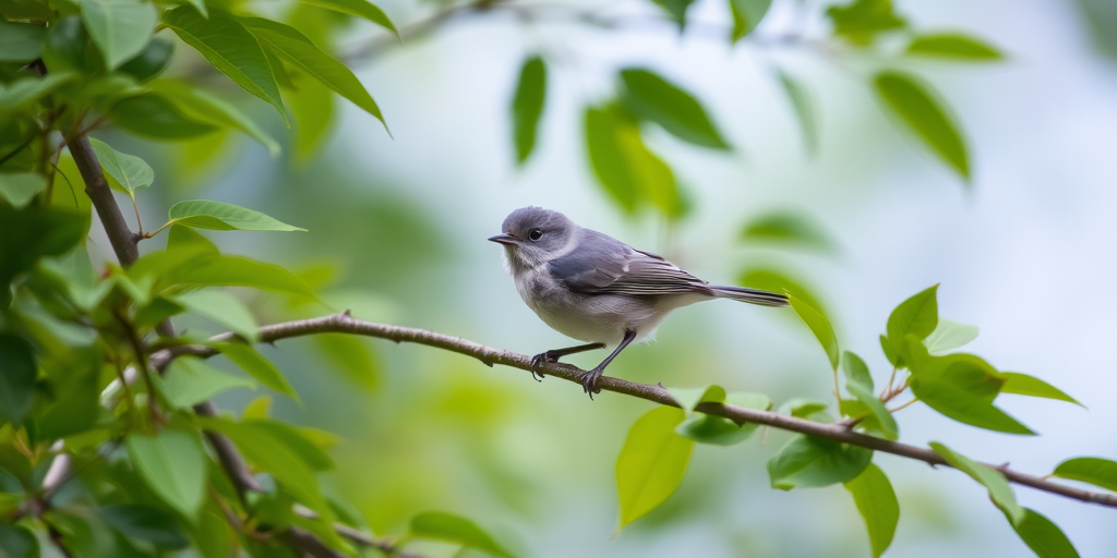 a small bird with a gray and white plumage perched on a branch surrounded by green leaves against a blurred background