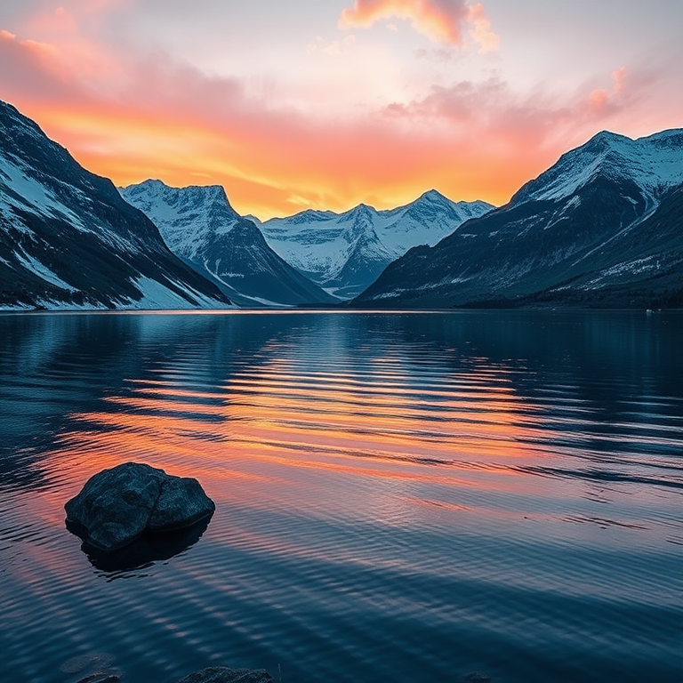 landscape photograph of a tranquil lake surrounded by majestic snow-capped mountains at sunset with soft reflections on the water, shot with a Canon EOS R5, 24mm lens, f/11 aperture, ISO 100, 1/125 sec shutter speed, using a wide-angle view to capture the expansive scene in vibrant colors and enhanced clarity