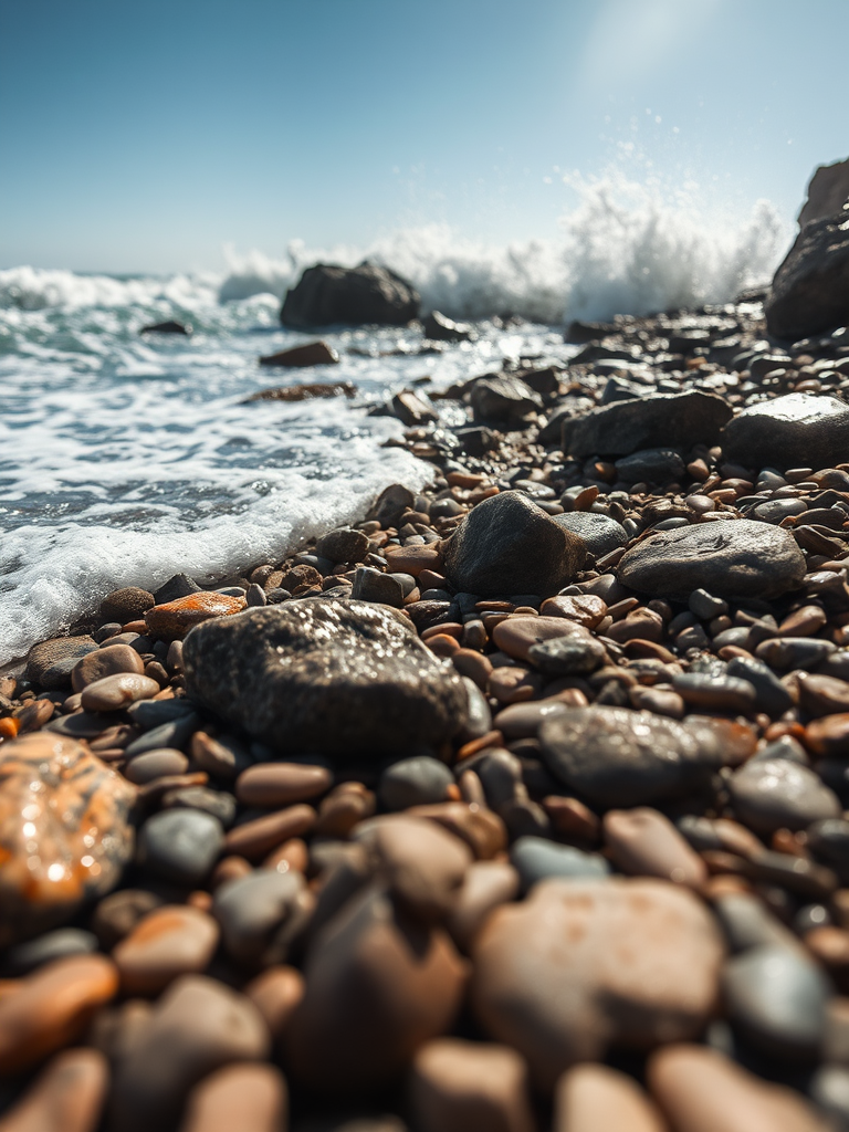 Regenerate a coastal scene featuring a dramatic shoreline with waves crashing on rocks and pebbles, captured with a DSLR camera at f/8 aperture, 1/200 sec shutter speed, ISO 100, wide-angle lens, and a low-angle view to emphasize the texture of the stones and the movement of the water under bright sunlight.