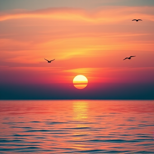 create a serene landscape combining a yin-yang symbol with a sunset over a tranquil sea, vibrant colors of pink, orange, and teal in the sky, birds flying in the distance, high-resolution DSLR camera, f/8 aperture, ISO 200, 24mm wide-angle lens, soft focus background, ethereal lighting effects