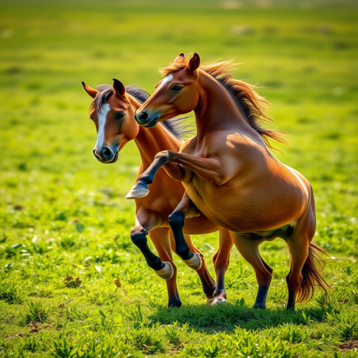 Capture a dynamic scene of two horses playfully interacting in a lush green field under natural lighting, using a Canon EOS R5 with a 85mm f/1.4 lens, ISO 200, aperture at f/2.8, shutter speed 1/1000s, in a portrait orientation to emphasize the action and detail of their movements.