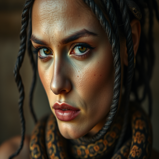 Create a highly detailed portrait of a woman with snakes woven into her hair and around her neck, capturing intricate textures and patterns, shot with a Canon EOS R5 at 50mm f/1.2, with soft diffused lighting and a shallow depth of field for a dramatic effect.