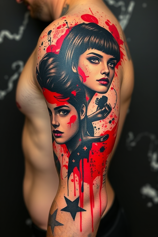 Trash polka tattoo called "Chaotic Elegance" combining bold, graphic elements with realistic portraits and abstract splatters in a striking red and black color scheme, creating a dynamic and visually arresting composition that tells a personal story through seemingly random yet carefully curated imagery, ideal for those who appreciate avant-garde and unconventional tattoo styles.