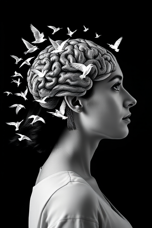 Create an image of a side profile of a woman with intricate black and white drawings of a brain transitioning into a flock of flying birds, set against a solid black background, using a Canon EOS R5 camera, with a 50mm lens, f/1.4 aperture, ISO 100, 1/200 sec exposure, shot in natural light to enhance clarity and detail.