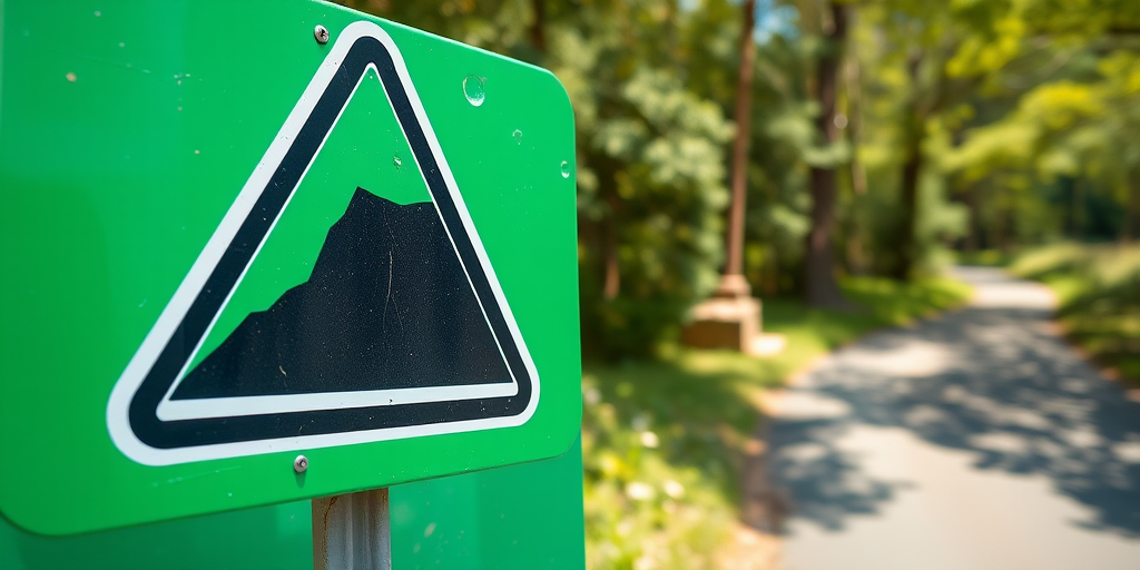 Create an image of a green hazard sign featuring a slope with falling debris, using a DSLR camera with a 50mm lens, aperture set to f/8, shutter speed at 1/200s, ISO 100, in natural daylight, capturing a crisp and clear image from eye level.