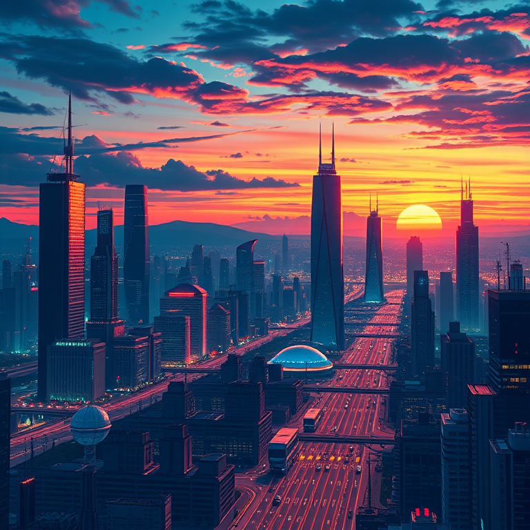 generate a detailed illustration of a futuristic city skyline at sunset with vibrant colors, using a DSLR camera with a 50mm lens, aperture f/1.8, ISO 100, and a wide-angle view for enhanced depth and clarity.