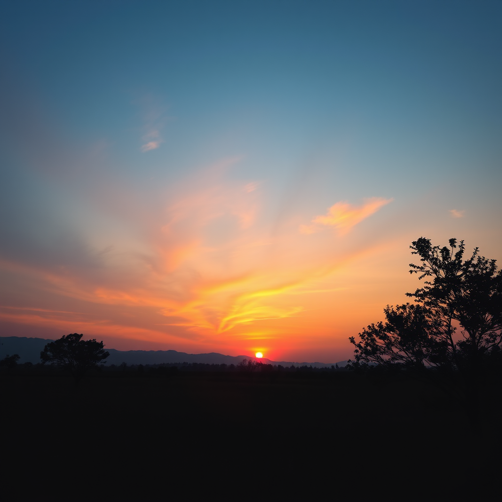Capture a high-resolution image of a serene landscape at sunset with vibrant colors in the sky, using a Canon EOS R5 camera, 50mm lens, f/1.8 aperture, ISO 100, 1/125 sec shutter speed, wide-angle view, using a soft focus style.