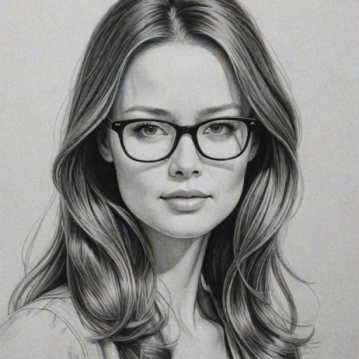 Enticing Summer Glau, pencil sketch, portrait of Alluring woman 1948s in glasses, hair style beatnik, outline, clear lines, fine lines, 8k