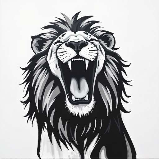 Abstract black and white acrylic portrait of an over exaggerated laughing (lion). Minimalism style. White background.
