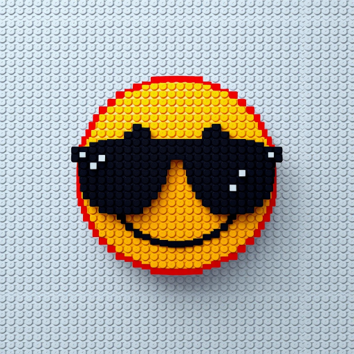Generate a high-resolution pixel art image of a yellow smiley face wearing sunglasses, with sharp edges and vibrant colors, using a DSLR camera at f/2.8, ISO 100, 50mm lens, top-down view, with soft lighting for enhanced detail.