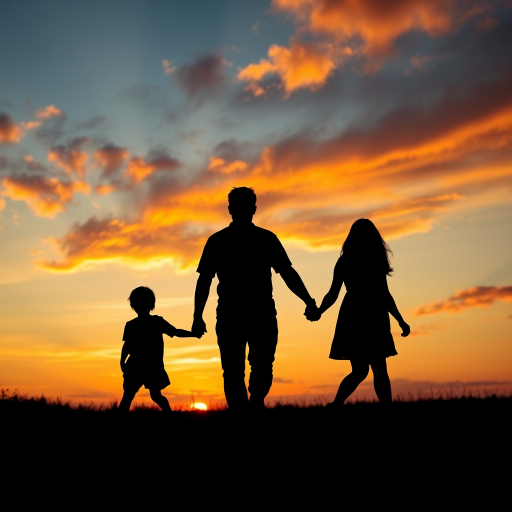 Create a silhouette image of a family of three walking hand in hand at sunset with vibrant clouds in the sky, captured at golden hour using a DSLR camera at f/2.8, ISO 100, 1/200 sec exposure, with a wide-angle lens from a low angle to enhance the dramatic effect.