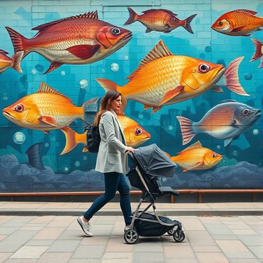 Regenerate the image of a woman walking with a stroller in front of a mural of fish, captured with a DSLR camera at f/8 aperture, 1/250s shutter speed, ISO 200, wide-angle view, natural daylight for enhanced clarity and color saturation.