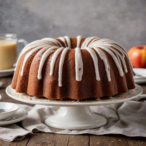Generate an image of a delicious bundt cake with a smooth white icing drizzled on top. The cake should have a golden-brown color, with a moist texture and a light sprinkle of poppy seeds on the icing. It should be presented on a simple white plate, with a clean background that highlights the cake.