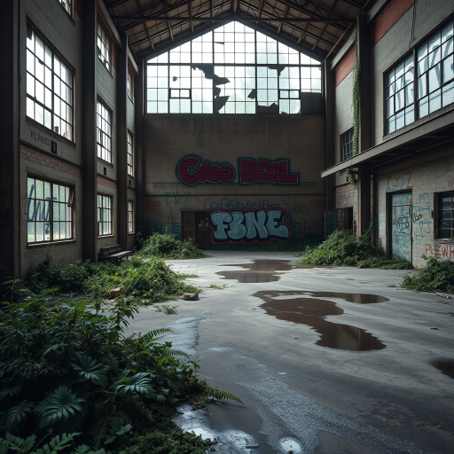 abandoned warehouse interior with broken windows and graffiti, overgrown plants, puddles on the floor, high detail, 35mm lens, f/8 aperture, ISO 100, natural lighting, wide-angle view, DSLR camera, realistic textures