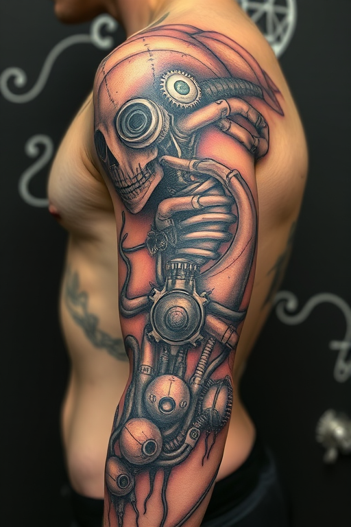 Biomechanical tattoo style known as "Cyborg Evolution" merging organic forms with mechanical components to create the illusion of exposed robotic parts beneath the skin