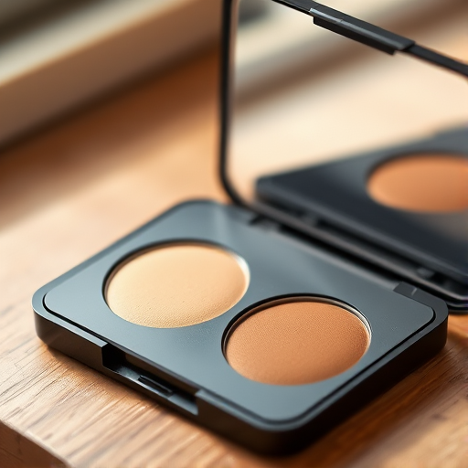 Create a high-quality image of a makeup palette featuring three shades: light beige, medium tan, and deep bronze, captured with a DSLR camera at 50mm focal length, f/2.8 aperture, and ISO 100, using a soft natural lighting setup and a shallow depth of field to emphasize the palette against a softly blurred background.