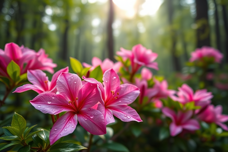 A close-up of vibrant pink azalea flowers with dewdrops on petals, surrounded by lush green leaves in a misty forest, natural sunlight filtering through trees, depth of field focus, aperture f/2.8, ISO 100, shutter speed 1/200 sec, DSLR camera, macro lens, soft bokeh background.
