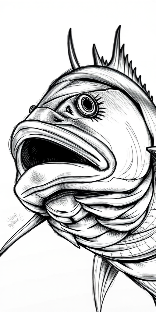 A highly detailed sketch of a barracuda fish, captured with a Canon EOS 5D Mark IV, 50mm lens, f/2.8 aperture, 1/250s shutter speed, ISO 100, macro view, in monochrome style with high contrast and sharp focus.
