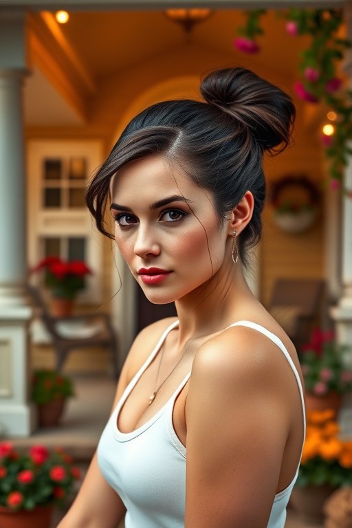 A photo of Natalie Portman with a background of a cozy porch. She has dark hair pulled back in an updo, with tendrils framing her face. She wears a white tank top and sits on the porch. The porch is part of a well-lit home with a warm, earthy tone and colorful flowers and foliage. The overall scene has a warm, welcoming, and comfortable ambiance.