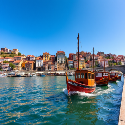 Capture a vibrant waterfront scene in Porto, Portugal, featuring traditional rabelo boats on the Douro River with colorful buildings on the hills, use a DSLR camera with a 24mm lens, aperture f/8, shutter speed 1/250s, ISO 100, sunny day, wide-angle view.