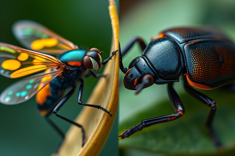 Create an illustration of a firefly and a beetle side by side, focus on vibrant colors and details, use a macro lens for close-up details, aperture set to f/2.8 for shallow depth of field, shot in natural lighting to enhance textures, rendered in a digital art style.